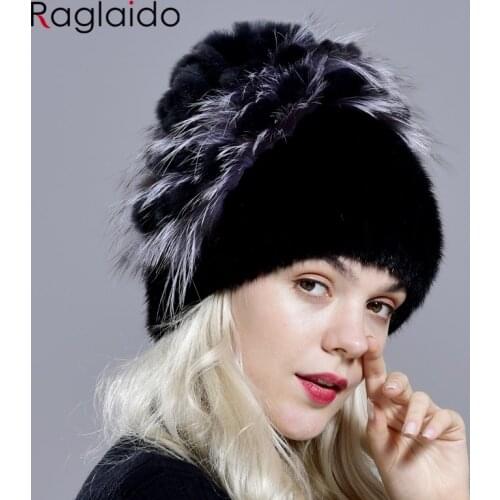 Natural Mink Fur Hat Women Winter Fox Fur Floral Skulls Furry Warm Cap Fashionable Fluffy Genuine Real Fur Girls Knitted Caps