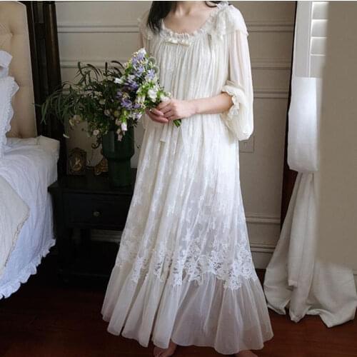 Womens Vintage Full Sleeves Lace Nightgowns Princess White Elegant Embroidery Home Dress Spring Long Style Ankle-Length Nightie