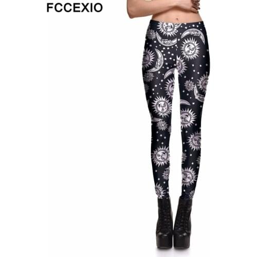 FCCEXIO Sun Moon 3D Print Womens Pants Push Up Running Sports Leggings Slim Pants Female Casual Trousers Fitness Leggings