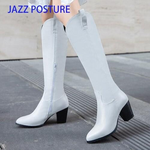 Plus size 34-43 New brand women boots thick high heels knee high boots pointed toe ladies shoes western boots female w304