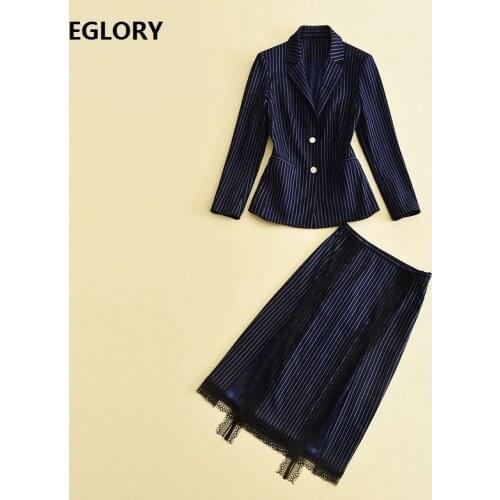 Top Quality Designer Clothing Set Women Notched Collar Striped Blazer Coat+Lace Patchwork Mid-Calf Skirt Suit Female Work Set