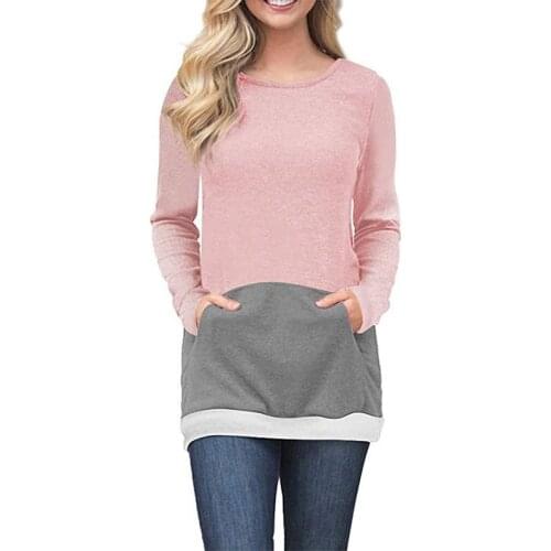 2019 Women Patchwork Sweatshirt Autumn Long Sleeve Pullovers Ladies O-Neck Pocket Sweatshirts Tops