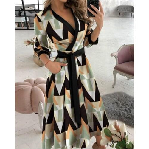 Women Spring Autumn Casual Tie-up Shirt Dress Fashion Solid Color/Print Long Sleeve V-neck Long Dress With Pocket
