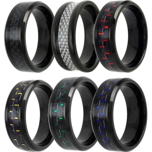 12 Colors Fashion Mens Black Stainless Steel Rings Inlaid Blue Red Green Carbon Fiber Rings Mens Wedding Band Jewelry Wholesale