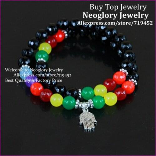 5PCS High Quality Facted Stone Bead Bracelet,Double Wrap Bracelet Silver Plated Hamsa Hand Charm Bracelet Yoga Bracelet