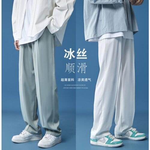 Spring Summer Wide-leg Pants Mens Fashion Solid Color Casual Pants Men Streetwear Loose Straight Ice Silk Pants Mens Trousers