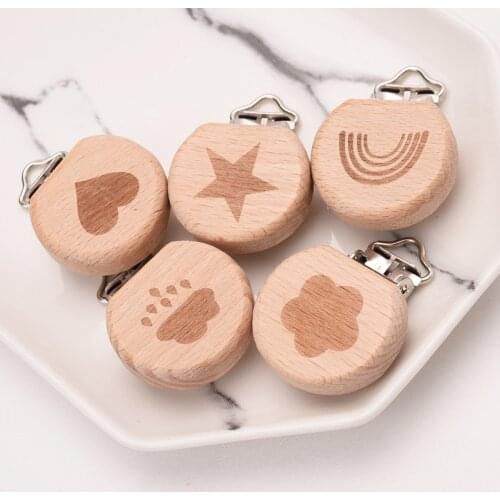 50Pcs/Lot Heart Flower Rainbow Pattern Food Grade Beech Wooden Clip Dummy Clip for Baby Pacifier Chain Holder DIY Accesories