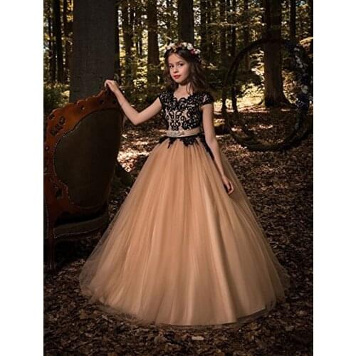 Black Lace and Khaki Tulle Flower Girl Dresses For Weddings with Sash Kids Princess Gown First Communion For Party
