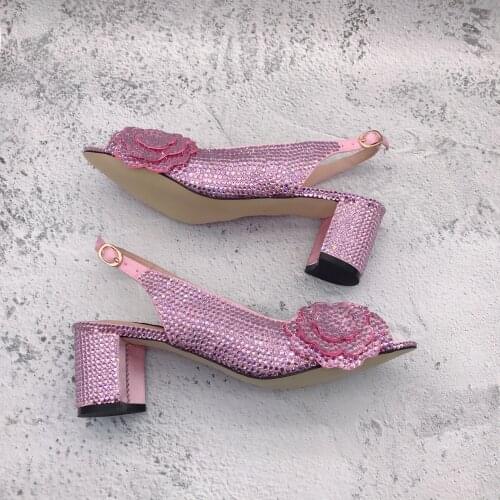 CHS1282 Custom Handmade Occasion Party Shoes Block Heel Light Pink Rose Flower Crystal Slingbacks Women Bridal Wedding Shoes