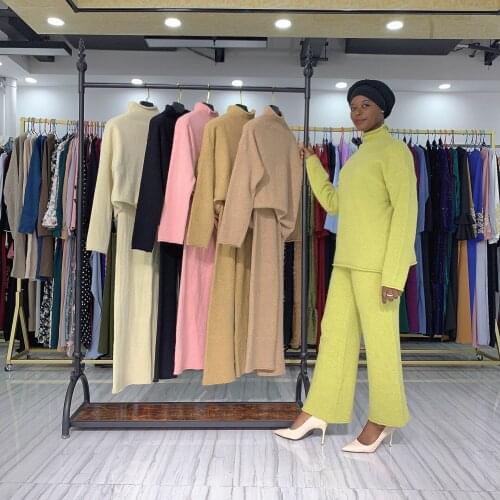 Donsignet Muslim Womans Sets Muslim Fashion Knitting Suit Large Size Loose Sweater Wide Leg Pants Two Piece Set Dubai Abaya