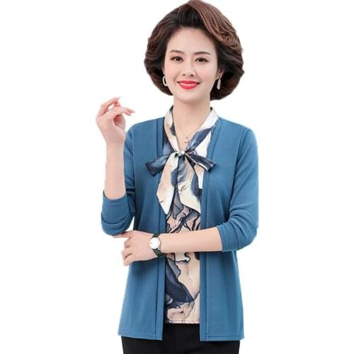 Fake Two Pieces Women Tshirt Tops New Middle-aged Spring Autumn Pullover Tshirt Female Bow Collar Bottoming Shirt Plus Size