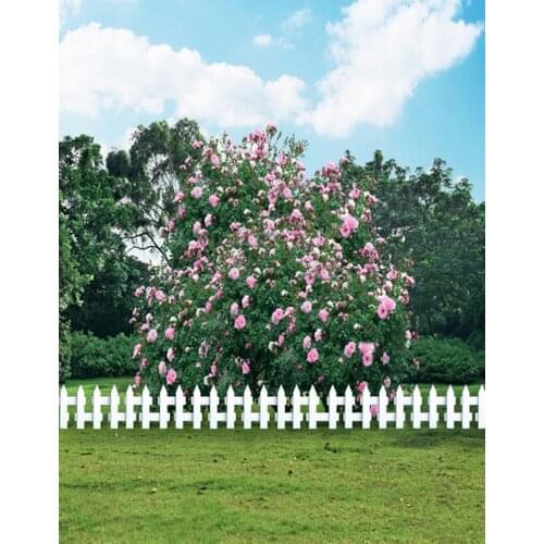 5x7ft Lawn Tree Fence Pink Flowers Photography Backdrops Photo Props Studio Background
