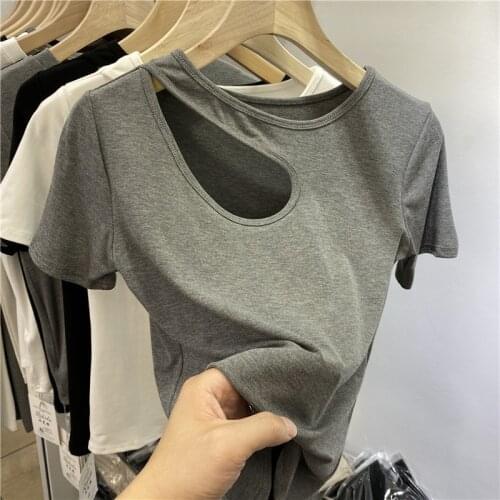 Gray/White/Black T-shirt Woman New Fashio Hollow-out Slim-Fit Short Sleeve Solid Color Off-Shoulder Bottoming Shirts Summer 2021