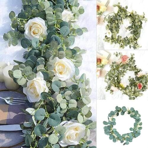 Artificial Green Eucalyptus Garland Leaves with Rose Flower for Wedding Backdrop Wall Decor
