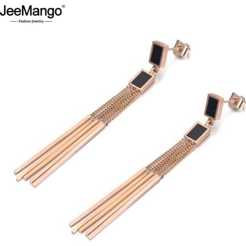 JeeMango Black Acrylic Square Stainless Steel Tassel Earrings Rose Gold Color Jewelry Hyperbole Punk Style Women Gift JE18107