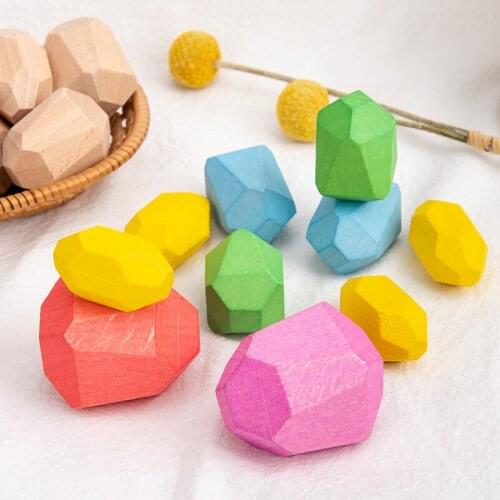 Baby Toy Wooden Jenga Building Block Colored Stone Creative Educational Toys Nordic Style Stacking Game Rainbow Stone Wooden Toy