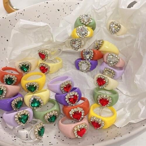 Korean Charms Candy Color Shiny Crystal Heart Rings For Women Resin Cute INS Vintage DIY Ring 90s Aesthetics Gifts Y2K Jewelry
