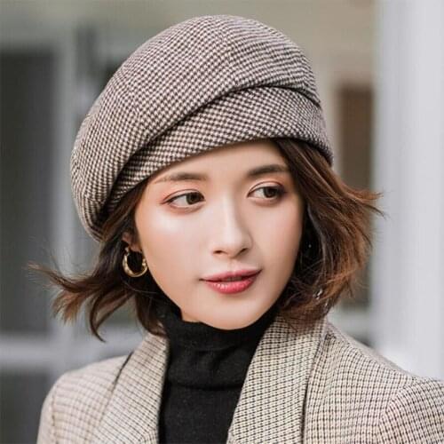 Fashion Plaid Vintage Octagonal Casual Autumn girl Cap Panama Women Wool beret For Elegant lady Winter Female Cotton Hats