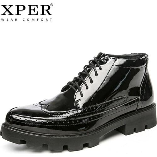 XPER Boots Men Artificial Leather Ankle Dress Brogue Boots Non-Slip Winter Shoes Platform Waterproof Footwear Male Silver#XP053