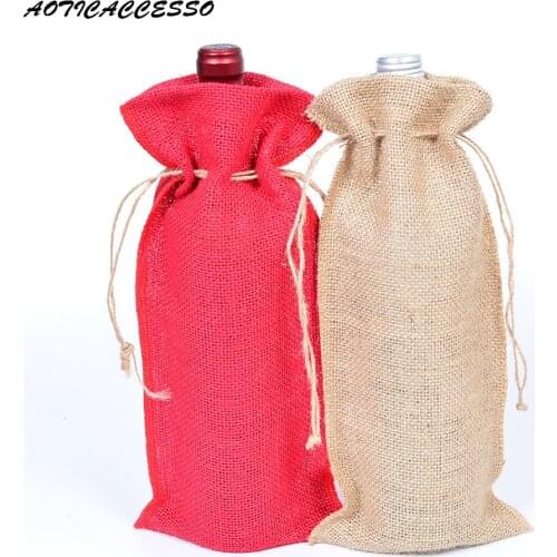 Natural Jute Drawstring Bag 5.9"x12.6" Red Jute Color Wine Bottle Bag Wedding Favor Packaging Sack Jute Gift Bag