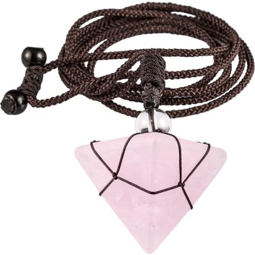 Natural Rose Quartz Crystal Inverted Pyramid Pendant Necklace Adjustable Brown Rope Chain Energy Gem Charms Women Jewelry Gift