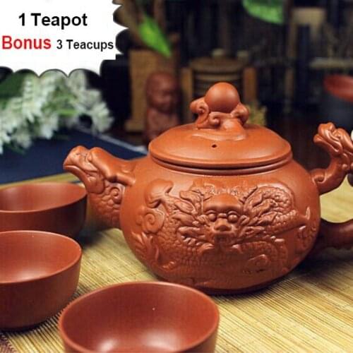 Hot Sale Yixing Kung Fu Ceramic Porcelain Kettle 360ml Chinese Large Teapot [1 Teapot+3 Cups] Purple Clay Pot Tea Set Dragon