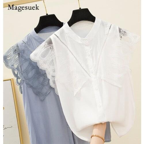Plus Size 2021 Summer Shirt Chiffon Lace Stitching Lace Short Sleeve Tops for Women Casual Female Clothing Tops Blusas 14210