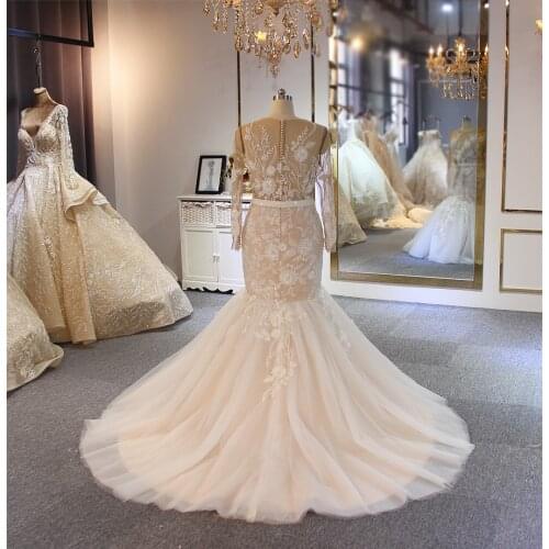 Amanda Design robe de mariage Full Sleeve Champagne Mermaid Sheer Wedding Dress