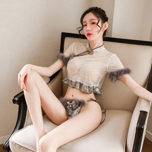 Velvet Lace See Through Sexy Chinese Sleepwear Qipao Traditional Cheongsam Babydoll Lingerie Set Party Nightclub Uniforms Qi Pao