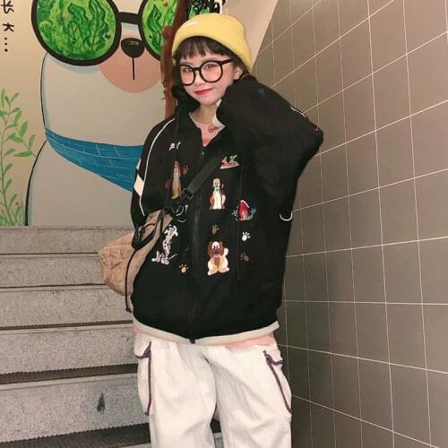 Bebobsons Spring New Design Women Hooded Sweatshirt Coat Thick Fleece Liner Black Cartoon Embroidery Ladies Loose Cotton Coats