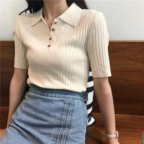 Korean 2021 Women Elegant And Casual Polo Plunge Neck Short Sleeve Knitted Shirt Crop Top