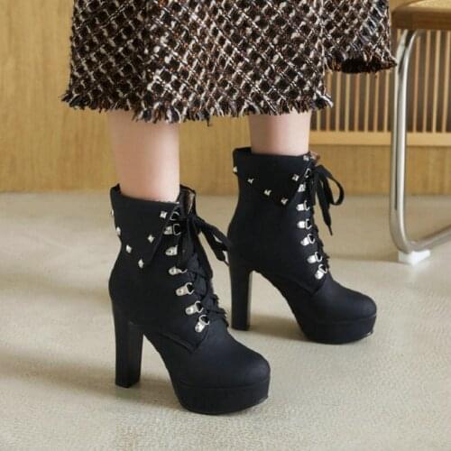 Sianie Tianie Winter Warm Woman Sexy Shoes Size 34-43 Lace-up Turn-down Neck Platform Block High Heels Women Ankle Martin Boots