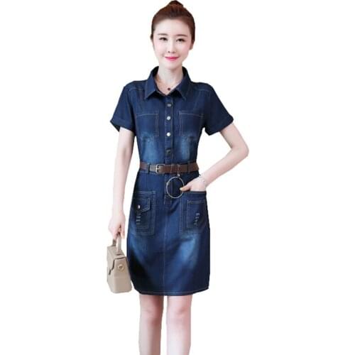 Women Summer Denim Dress Lapel Short Sleeve Belt Plus Size 5XL Dresses Casual Office Elegant Female Slim Vestido de mujer OK698