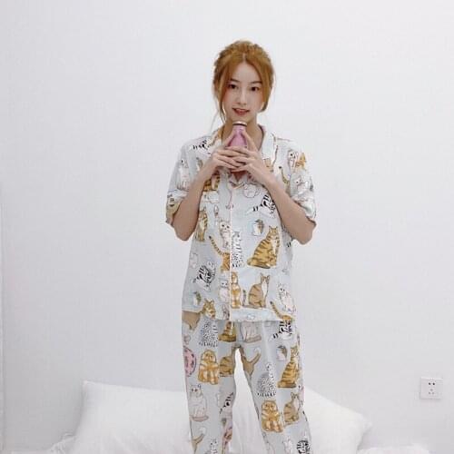 Womens Summer Pajamas Cute Cardigan Thin Two-Piece Short-Sleeved Trousers Sleepwear Sexy Nightwear Loungewear Pijamas