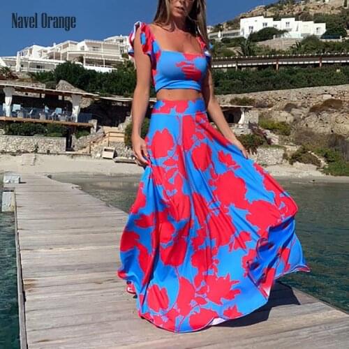 New Summer Women Floral Printing Off Shoulder 2PCS Sets Sexy Short Top Long Skirt Suits Slim Sleeveless Elastic Waist Streetwear