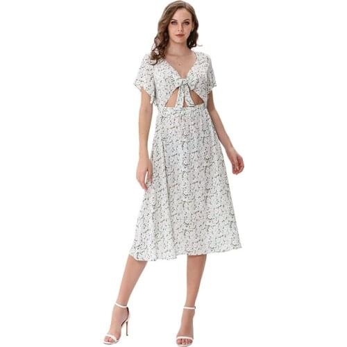 2020 summer floral women dress tie bow elastic short sleeve long midi beach dress vestidos M30559
