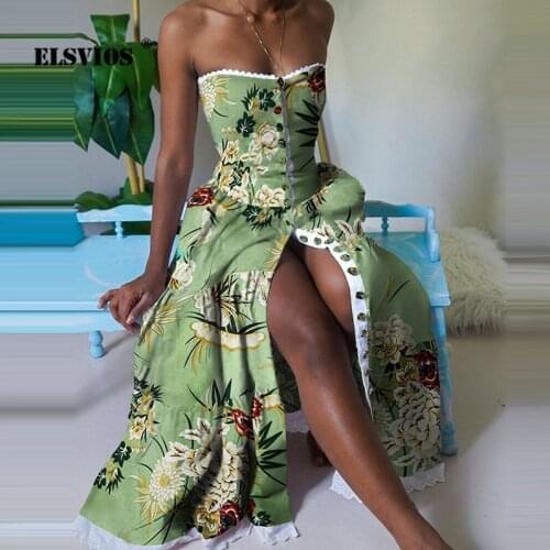 Eelgant Slim Strapless Off-shoulder Floral Print Fashion Long Dress Casual Lace Buttons Cardigan Office Summer Sexy Party Dress