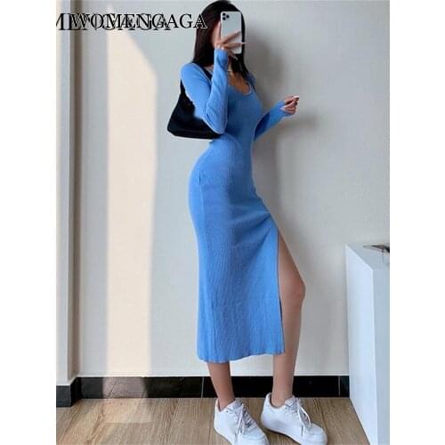 WOMENGAGA 2020 Autumn Winter Hot Girl Knitted Tight Slimming Sheath Dress V-neck Long Sleeve Split Long Dresses For Women GDQF