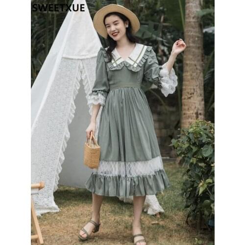 SWEETXUE Summer 2021 New Female French Retro Lolita Dress Doll Collar Lace Mesh Patchwork Sweet Princess Chic Party Dress Women
