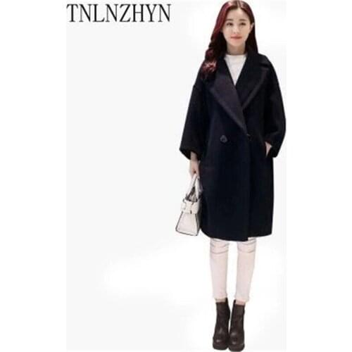 TNLNZHYN Korea Style 2019 New Winter Women Wool Coat Loose Dark Blue Cocoon Woolen Coat Medium long Doublebreasted Coat SK225