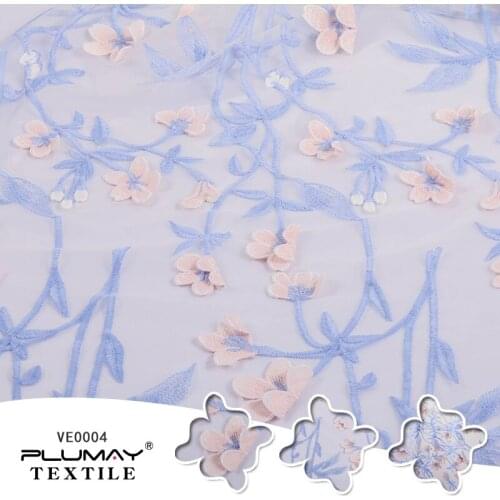 100%Polyester 3d blue flower lace embroidered fabric bridal fabric for dress