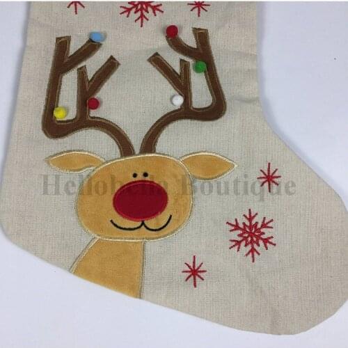 100 pcs Canvas Christmas Stockings Embroidered Snowman Reindeer Xmas Gift Bag Canvas Santa Stocking