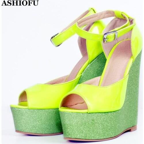 ASHIOFU Handmade Classic Womens Wadge Heel Sandals Party Prom Shiny Dress Shoes Peep-toe Evening Club Fashion Sandals XD113