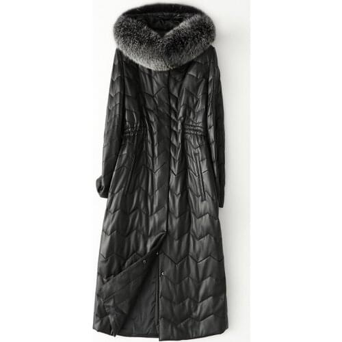 Free Shipping New Genuine Lamb Leather Jacket Long Womens Down Coat with Fox Fur hood edge Sheepskin Wholesale Retail OEM