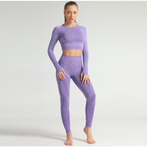 Seamless Fitness Suit Woman Yoga Gym Clothing Long Sleeve Shirts Workout Hips Elastic Leggings Sportswear Suit For Yoga Female