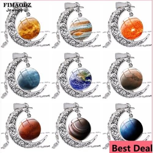 FIMAODZ Nine Planets Pendant Necklace Earth Mars Sun Venus Saturn Neptune Nebula Glass Gem Moon Chain Necklaces Gift