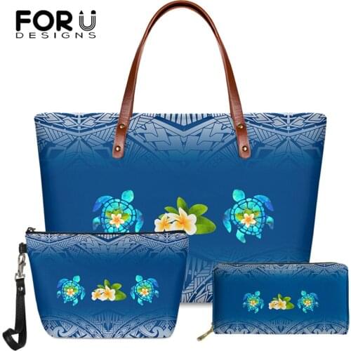 FORUDESIGNS Blue Tribe Turtle Plumeria Print Women Big Soft Handbags And Long Purse 3set Ladies Casual Shoulder Bag Girls Totes