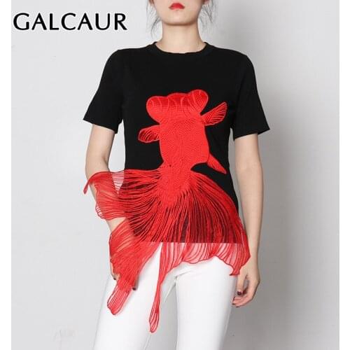 GALCAUR Embroidery Hit Color T Shirt For Women O Neck Short Sleeve Print Animal Casual T Shirts Female Fashion New Clothing 2021