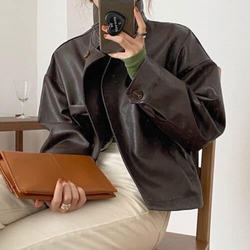 Korean Loose Biker Fashion Long Sleeve Casual Retro PU Leather Coat 2021 Women Jacket Handsome Motorcycle Tops