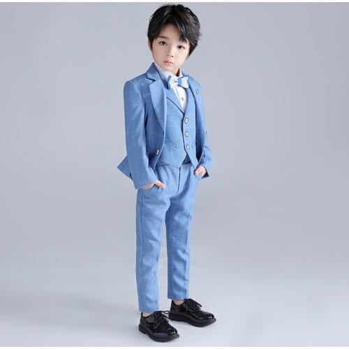 Spring Autumn Boys Plaid Dress Suit Set Children Piano Stage Host Speech Wedding Costume Kids Plaid Blazer Pants Bowtie Outfit